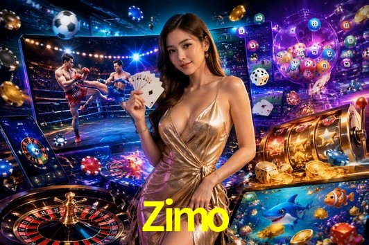 Escena dinámica inspirada en casino con iluminación Zimo, cartas, fichas e íconos de juegos digitales en un espacio moderno de juegos.